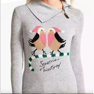 Talbots Seasons Tweeting Festive Love Birds Grey Wool Pullover Sweater Women MP